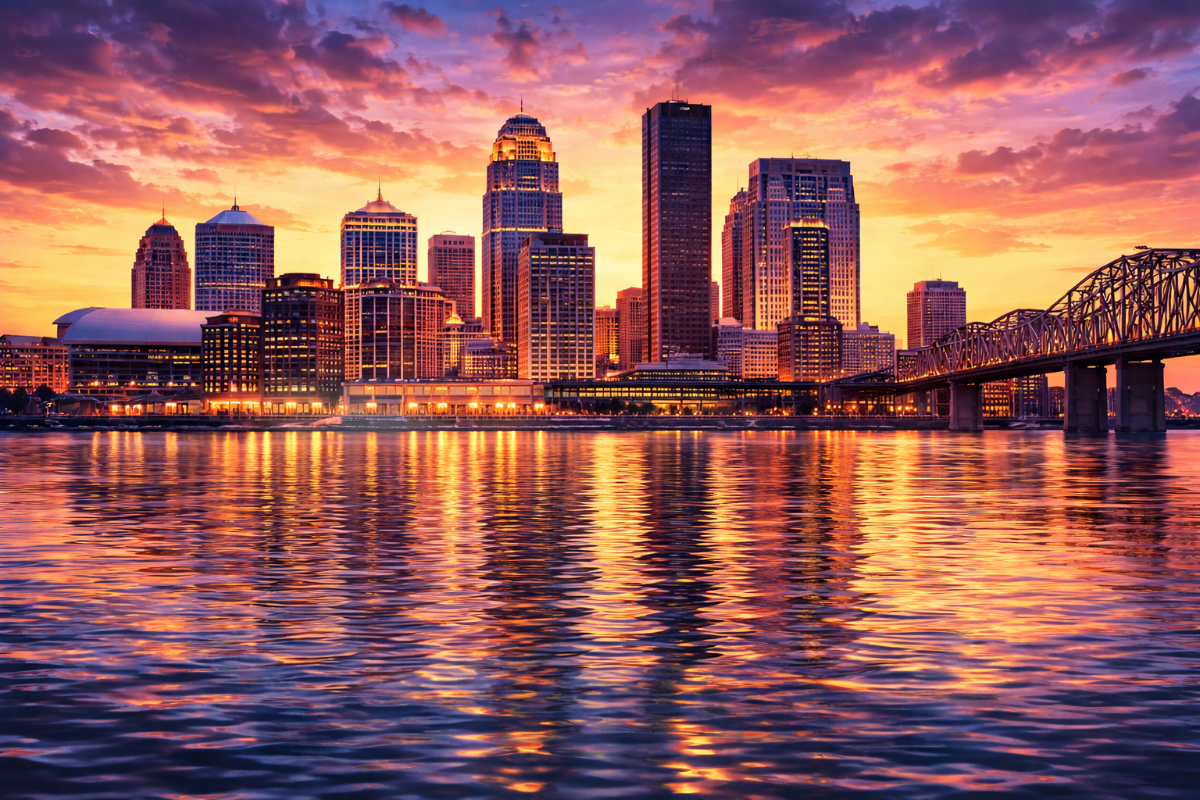 City skyline with modern buildings and a bridge at sunset, reflected in water.